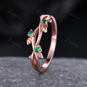 Green Emerald Ring Wedding Band Matching Ring Rose Gold Ring For Women Natural Inspired Leaf Ring Anniversary Gift Stacking Ring Twig Ring