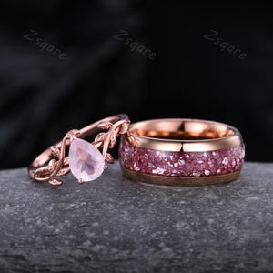 Romantic Rose Quartz Couples Ring Rose Gold Matching Ring Set His and Hers Pink Gemstone Wedding Band Vintage Leaf Inspired Anniversary Gift