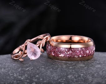 Romantic Rose Quartz Couples Ring Rose Gold Matching Ring Set His - Main Image