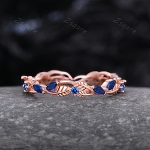 Vintage blue sapphire wedding band rose gold stacking wedding ring twig leaf ring art deco bridal anniversary ring gift nature inspired ring
