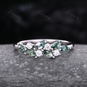 Moss agate cluster wedding band Unique marquise cut moss agate wedding band Vintage Moissanite ring Sterling silver ring Anniversary gift