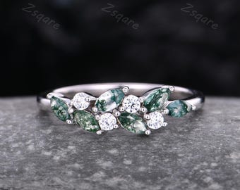 Moss agate cluster wedding band Unique marquise cut moss agate wedding band Vintage Moissanite ring Sterling silver ring Anniversary gift