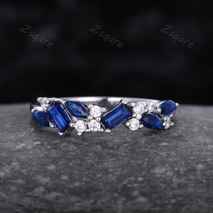 Art Deco Cluster Blue Sapphire Wedding Band 925 Sterling Silver Half Eternity Band Dainty Bridal Delicate Stackable Band Anniversary Present