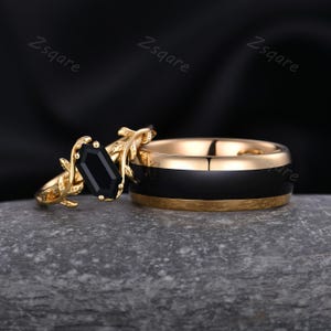 Twig Hexagon Black Onyx Couple Ring Set Yellow Gold His and Hers Wedding Band Women Vine Leaf Ring Mens Engagement Ring Vintage Couple Ring