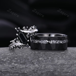Vintage Black Onyx Couples Ring Twig Hexagon cut Black Gems Engagement Ring Unique His and Hers Wedding Band Couple Promise Ring Gifts