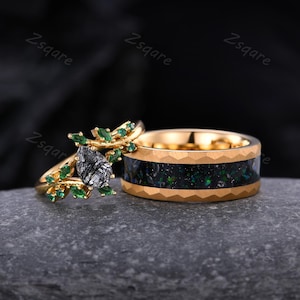 Bague pour couple quartz rutile noir et météorite en or jaune Alliance pour elle et lui, bague de promesse vintage pour couple inspirée de la nature
