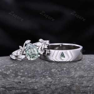Natural Moss Agate Engagement Ring Twig Leaf Ring Kite cut Mens Moss Agate Band 5mm Wedding Band Green Agate Couples Ring Set Retro Ring