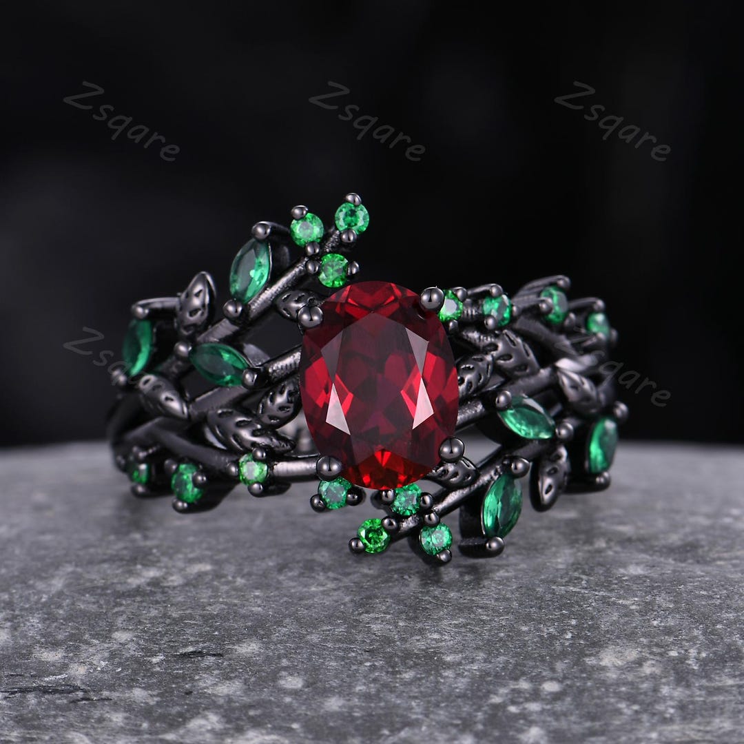 Nature Inspired Ruby Engagement Ring Gothic Black Gold Emerald Leaf ...