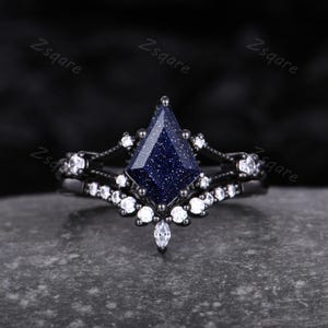 Vintage blue sandstone engagement ring black gold art deco ring set for women curved stacking band kite cut unique moissanite promise ring