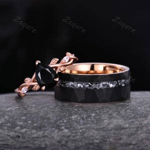 Pear shaped black onyx couples ring rose gold matching promise ring set Mens meteorite wedding band unique His and Hers anniversary ring set