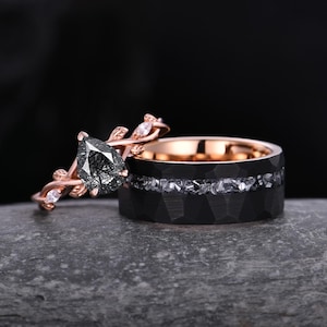 Bague pour couple en quartz rutilé noir et feuille de brindille en or rose, bague de promesse assortie, alliance pour homme avec météorite, bagues d&#39;anniversaire pour lui et pour elle