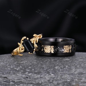 Nature Inspired Black Onyx Couple Ring Set Yellow Gold His and Hers Wedding Band Women Twig Leaf Ring Mens Gold Leaf Ring Black Gem Ring