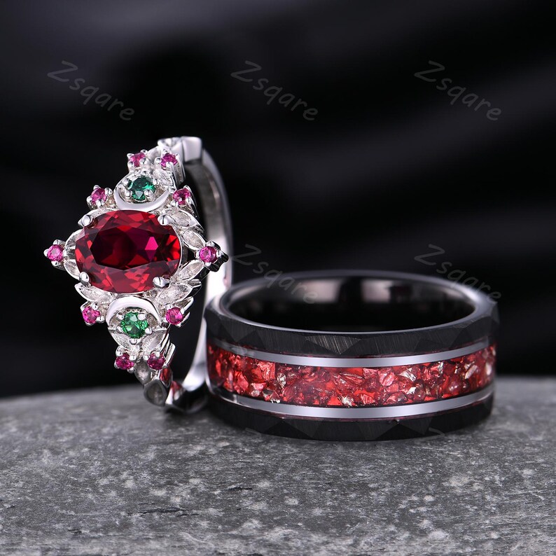 Antique Red Ruby Couples Ring White Gold His and Hers Wedding Band ...