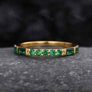 Half eternity Emerald wedding band 14k solid gold band baguette emerald stacking matching band May birthstone rings for her Anniversary ring