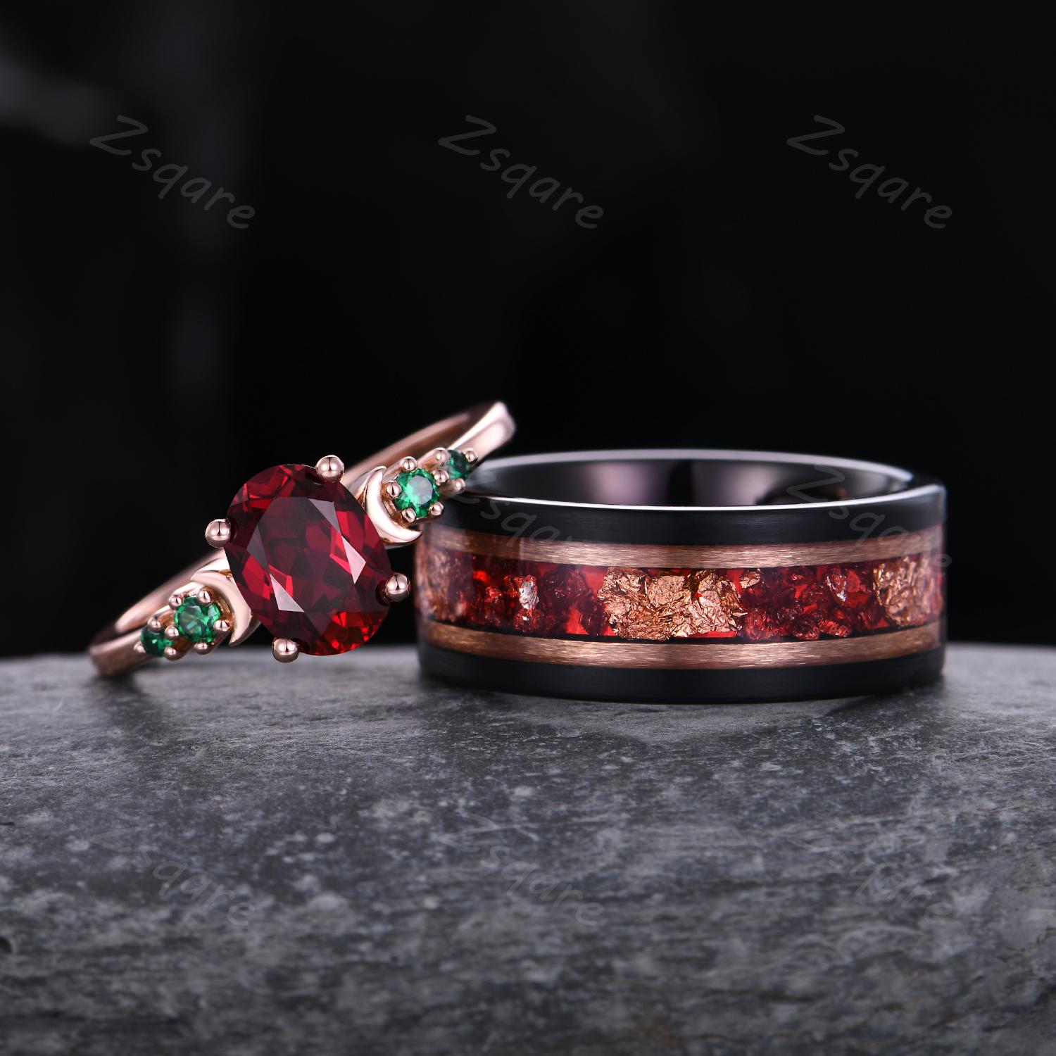 Oval Cut Ruby Couples Ring Set Rose Gold Matching His and Hers Wedding ...