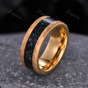 8mm Meteorite Wedding Band, Mens Yellow Gold Tungsten Ring, Space Galaxy Ring, Hammered Tungsten Band His Promise Ring, Mens Engagement Ring