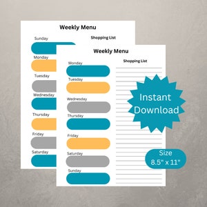 Afdrukbaar weekmenu | Maaltijdplanningssjabloon | Digitale download | Keukenorganisatie | Mealvoorbereiding | Voedselplanner | Organisator boodschappenlijst