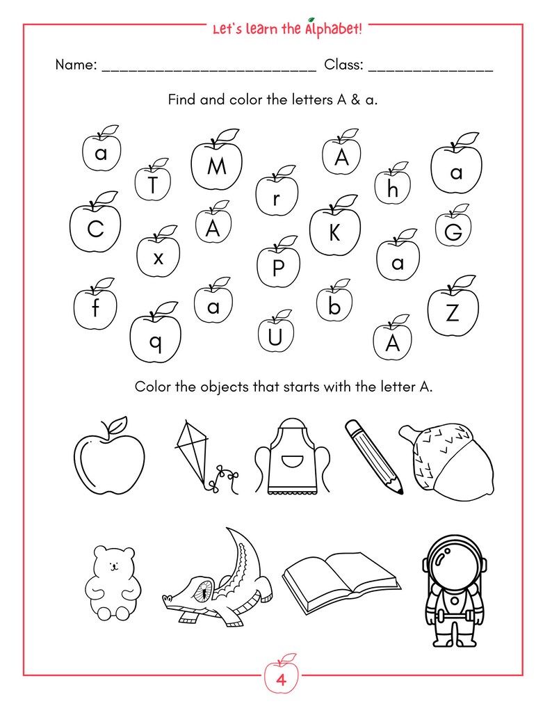 Printable Phonic Worksheets for Letter A, Preschool or Kindergarten