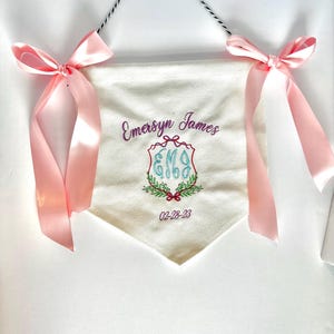 Custom Baby Banner / Embroidered Bow Name Banner/  Welcome Baby / Hospital Door Sign / Hospital Bassinet / Baby Shower /Nursery Door Sign