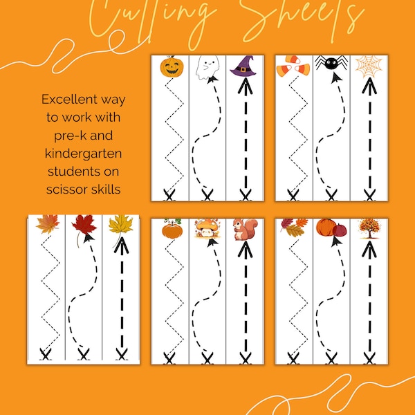 Halloween / Fall & Back to School Cutting Strips Toddler, Preschool, Kindergarten Scissor Skills Worksheets Teachers Homeshcool 5 pages