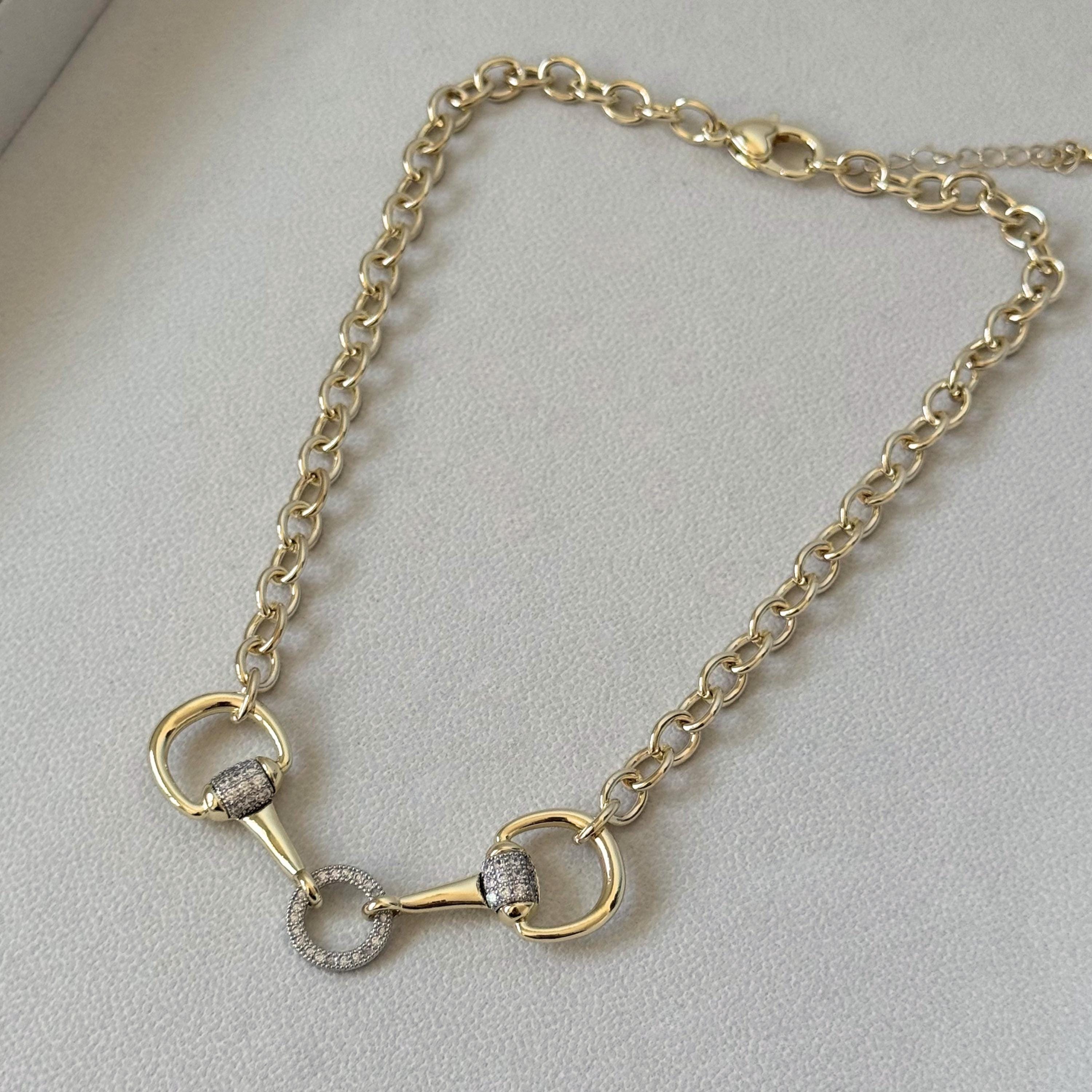 14k Gold Plated CZ Pave Horsebit Necklace, Chunky Gold Chain
