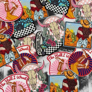 May include: A selection of embroidered patches with a Western theme. Designs include a cow skull, cacti, a woman in a cowboy hat, and the text "Cowgirl Dip" and "The Hell I Won't". The patches feature a variety of colours, including pink, red, and blue.
