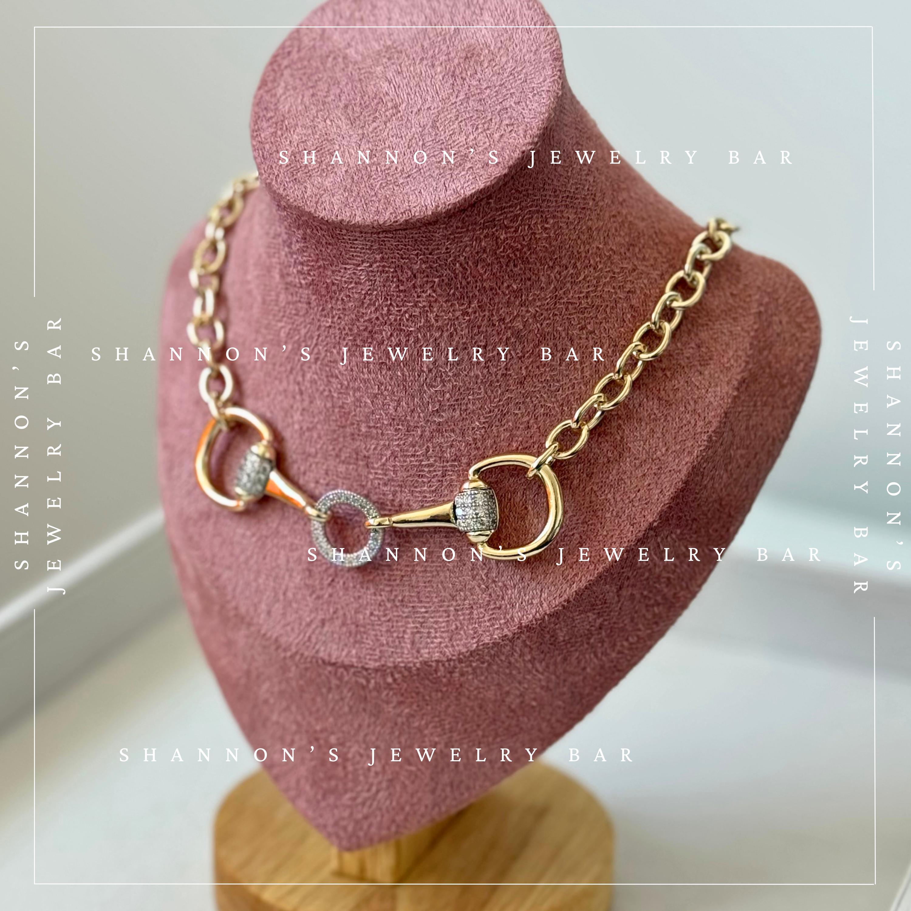 14k Gold Plated CZ Pave Horsebit Necklace, Chunky Gold Chain