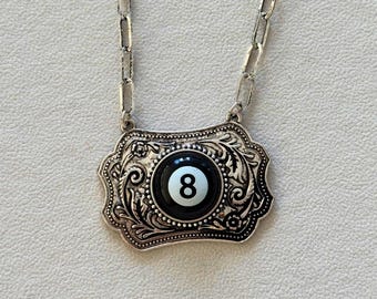 8 Ball Belt Buckle Necklace, Western Necklace, Casino Jewelry, Vegas Inspired Necklace, Cowgirl Glam Jewelry, Y2K Silver Necklace