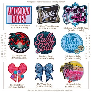 Western beach and lake themed embroidered patch collection featuring American Honey, River Time camouflage patch, Baby I'm a Wild Card poker patch, Salty Babe sunset palm tree patch, Salty Soul script patch, Beach Babe patches, pink shell bow, blue wave bow, and tropical beach sunset design. Colorful iron-on or sew-on patches for denim jackets, trucker hats, backpacks, tote bags, swimsuits, beach bags, lake life accessories, and coastal cowgirl fashion. Sizes and patch numbers displayed.