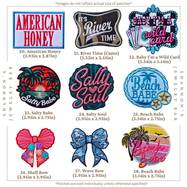 Western beach and lake themed embroidered patch collection featuring American Honey, River Time camouflage patch, Baby I'm a Wild Card poker patch, Salty Babe sunset palm tree patch, Salty Soul script patch, Beach Babe patches, pink shell bow, blue wave bow, and tropical beach sunset design. Colorful iron-on or sew-on patches for denim jackets, trucker hats, backpacks, tote bags, swimsuits, beach bags, lake life accessories, and coastal cowgirl fashion. Sizes and patch numbers displayed.