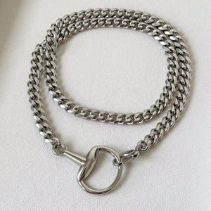 May include: A silver-colored necklace featuring a curb chain design. The necklace includes a horse bit pendant, adding a unique equestrian-inspired element. The chain is approximately 18 inches (45 cm) long.