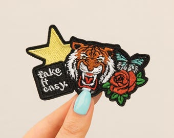 Take It Easy Tiger Patch: Embroidered Iron-On Applique with Rose and Star