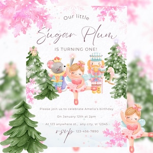Sugar Plum Birthday Invitation | Nutcracker Christmas Ballet Invite | Winter ONEderland Girl 1st Birthday Printable Template