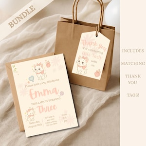 Marie Aristocats Birthday Invitation Girl |  Cat Birthday Party Invite | Editable Pink Kitten Party Template | Free Thank You Tags
