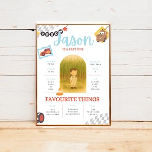 Fast One Cars Inspired Milestone Sign | Editable McQueen First Birthday Stats | Cars Party Decor | Matches Invitation & Thank You Tag