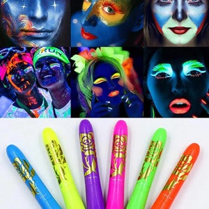 12pcs Face Paint Crayons Set Safe Non-Toxic Glow in Dark Face Body Paint Washable Makeup Face Painting Crayons 12 Colors UV Light Luminous Body Paint