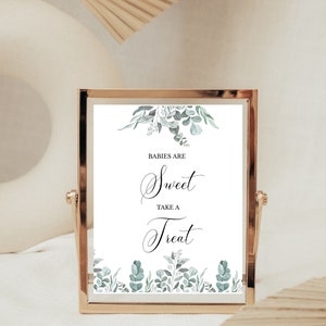 緑のユーカリのベビーシャワーの甘いおやつサイン、緑のブライダルシャワーのサイン、モダンなベビーシャワー、ベビーシャワーのゲームの印刷可能