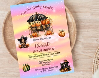 Halloween 5th Birthday Invitations Girl Template, Spooky Sparkle Pumpkin Carriage Turning 5 Invite, Editable, Printable, Digital Downloads.