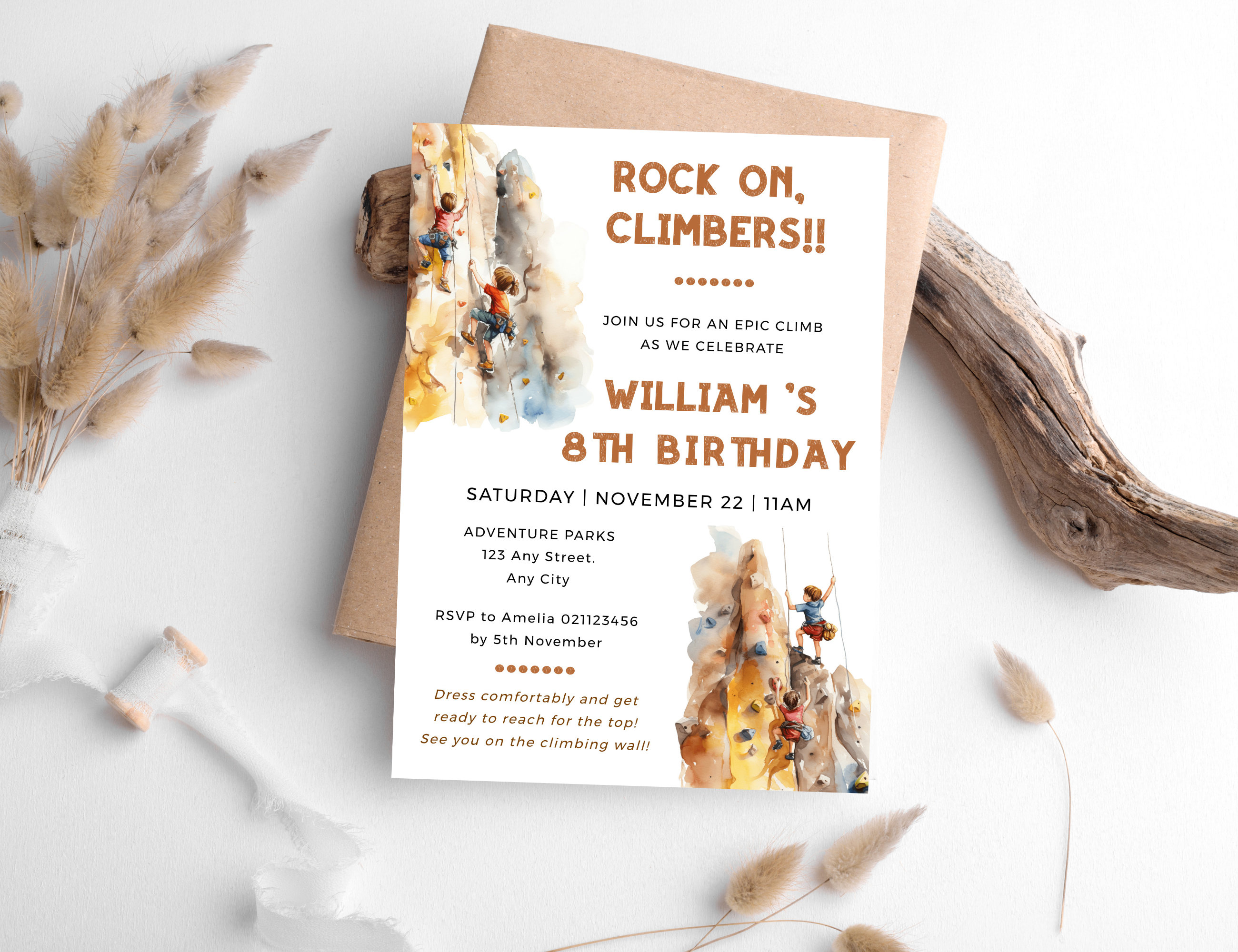 Rock Climbing Birthday Party Invitations Template, Boy 8th Birthday ...
