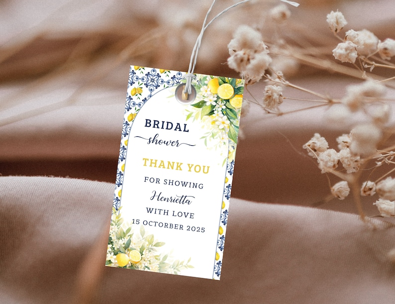 Lemon Mediterranean Favor Tags, Main Squeeze Bridal Shower Tag, Citrus Bridal Thank you Tag, Gift Tag, Editable, Printable, Digital Download image 1