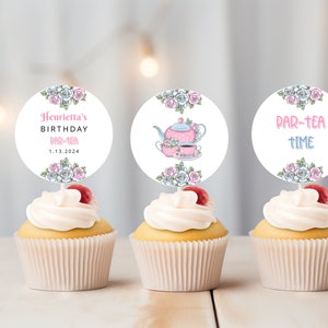 Par-tea Birthday Cupcake Toppers Template, EDITABLE Printable Tea Party Favors, Digital Downloads