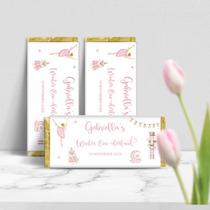 Winter Onderland First Birthday Chocolate Wrapper, Pink Nutcracker Ballerina Wonderland Candy Bar Wrapper. Editable, Printable, Digital.