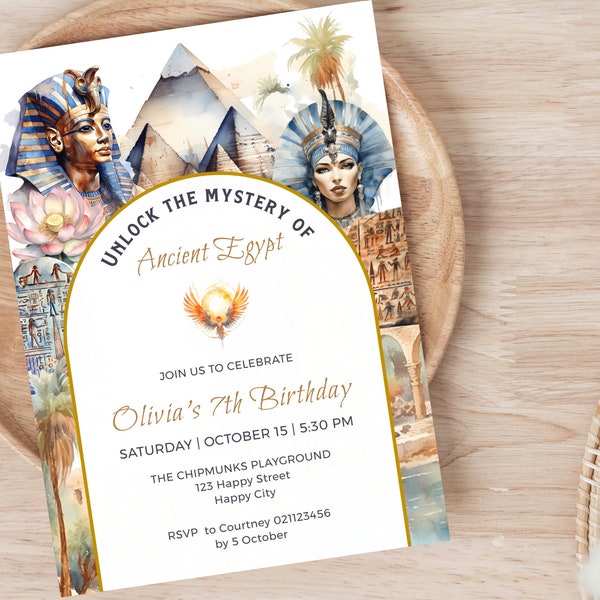 Egyptian Themed Birthday Invitation , Unlock the  mystery of Ancient Egypt 7th birthday invitation, Editable Printable, Instant download