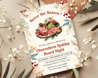 Watercolor Charcuterie Holiday Invite, Christmas Party Invitation, Printable, Editable Holiday Party Invitation, Instant Download.
