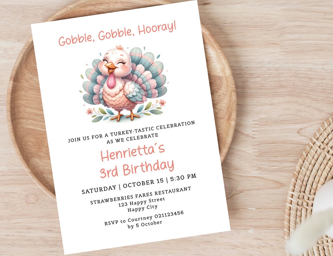 Turkey Birthday Party Printable Invitation Template , Thanksgiving Birthday Invitation, Girl 3rd ...