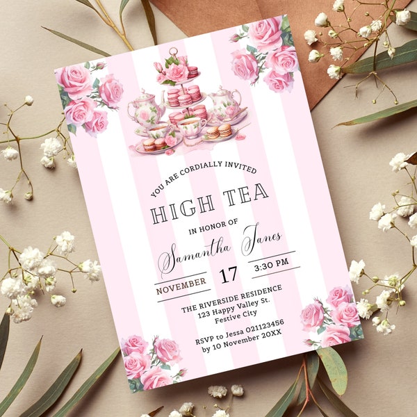 Printable High tea Party Invite Template, Pink Theme Par-tea Invite, Victorian Garden Tea Party invitation, Editable, Digital Download