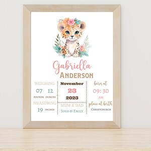 Baby leopard Baby birth print, New Baby Girl Gift, Christening Gift, Birth Details, Birth Stats, Nursery Decor. Editable, printable.