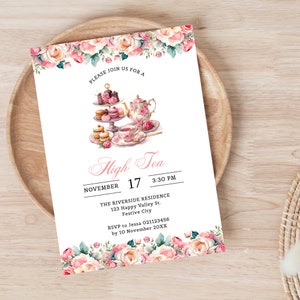 Printable High tea Party Invite Template, Pink Theme Par-tea Invite, Victorian Garden Tea Party invitation, Editable, Digital Download