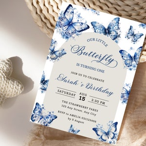 Little Butterfly Birthday Invitation , Blue Butterfly birthday invite, Turning one birthday Editable Printable Template Instant download