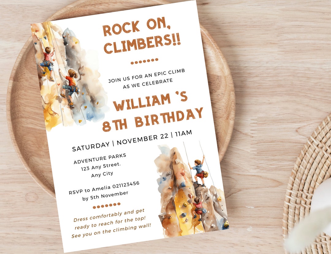 Rock Climbing Birthday Party Invitations Template, Boy 8th Birthday ...